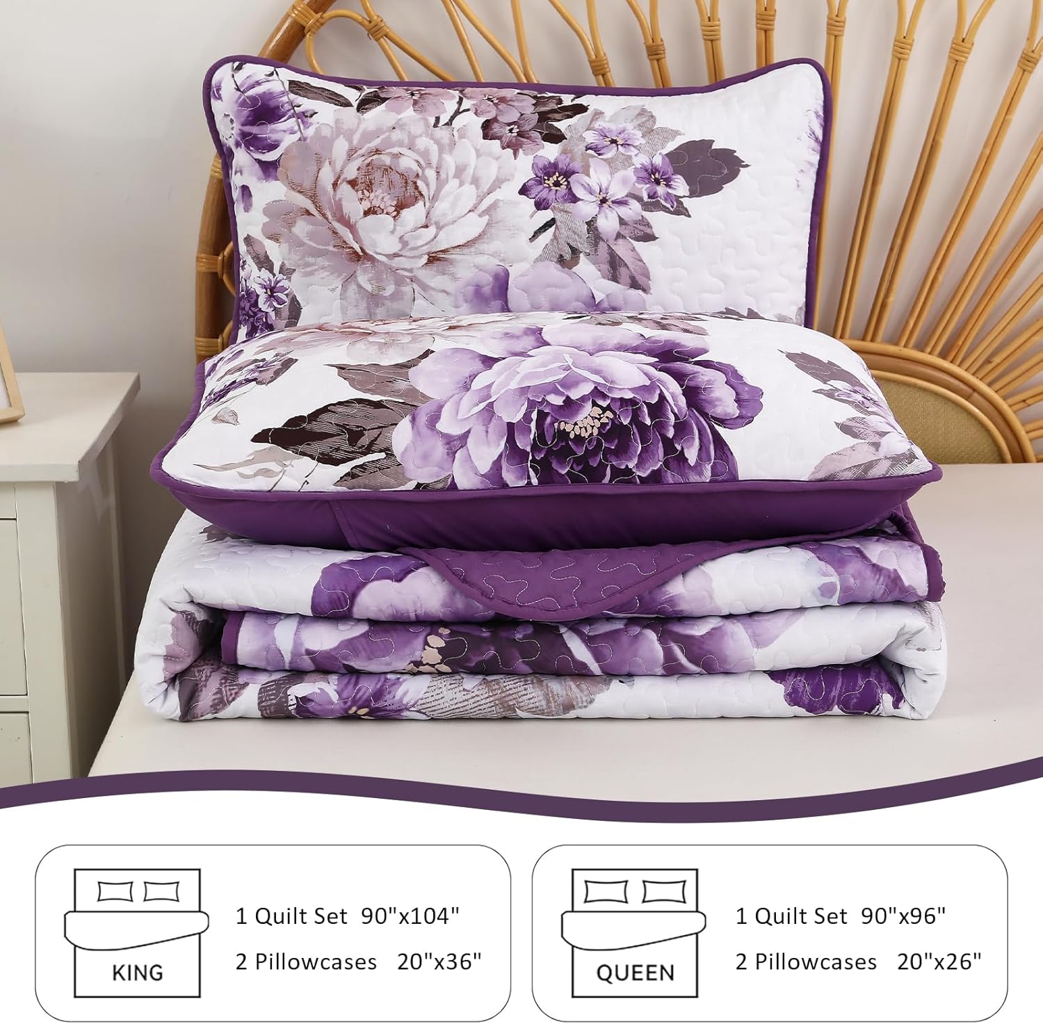 WONGS BEDDING Purple Floral Quilt Set 3 Piece Reversible