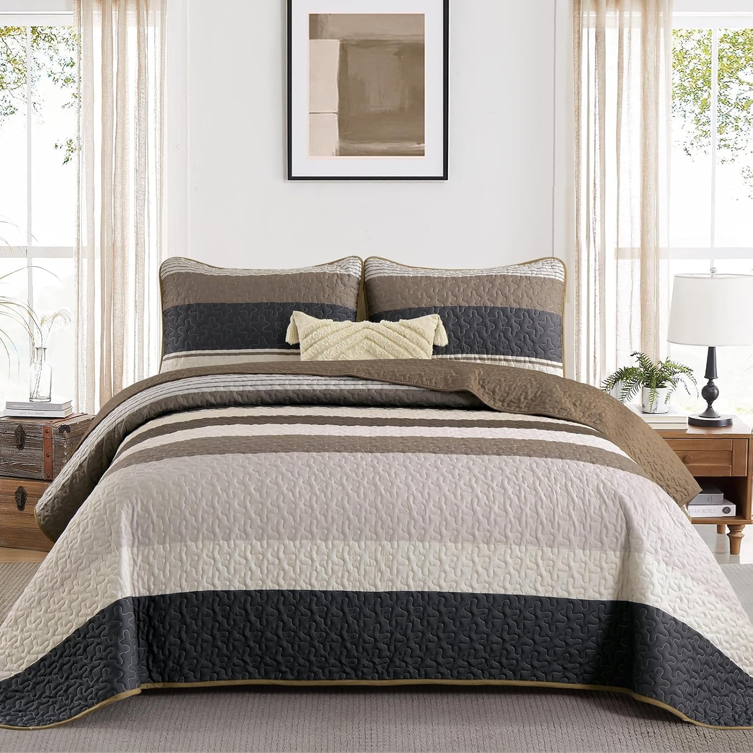 Dinjoy King Size Quilt Set Light Brown 3 Piece Boho Bedding