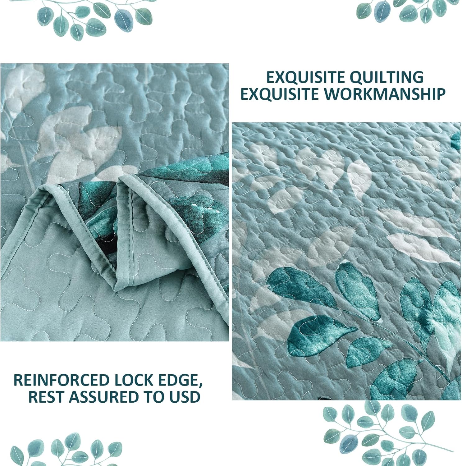 WONGS BEDDING Aqua Botanical Quilt Set Queen 3PC