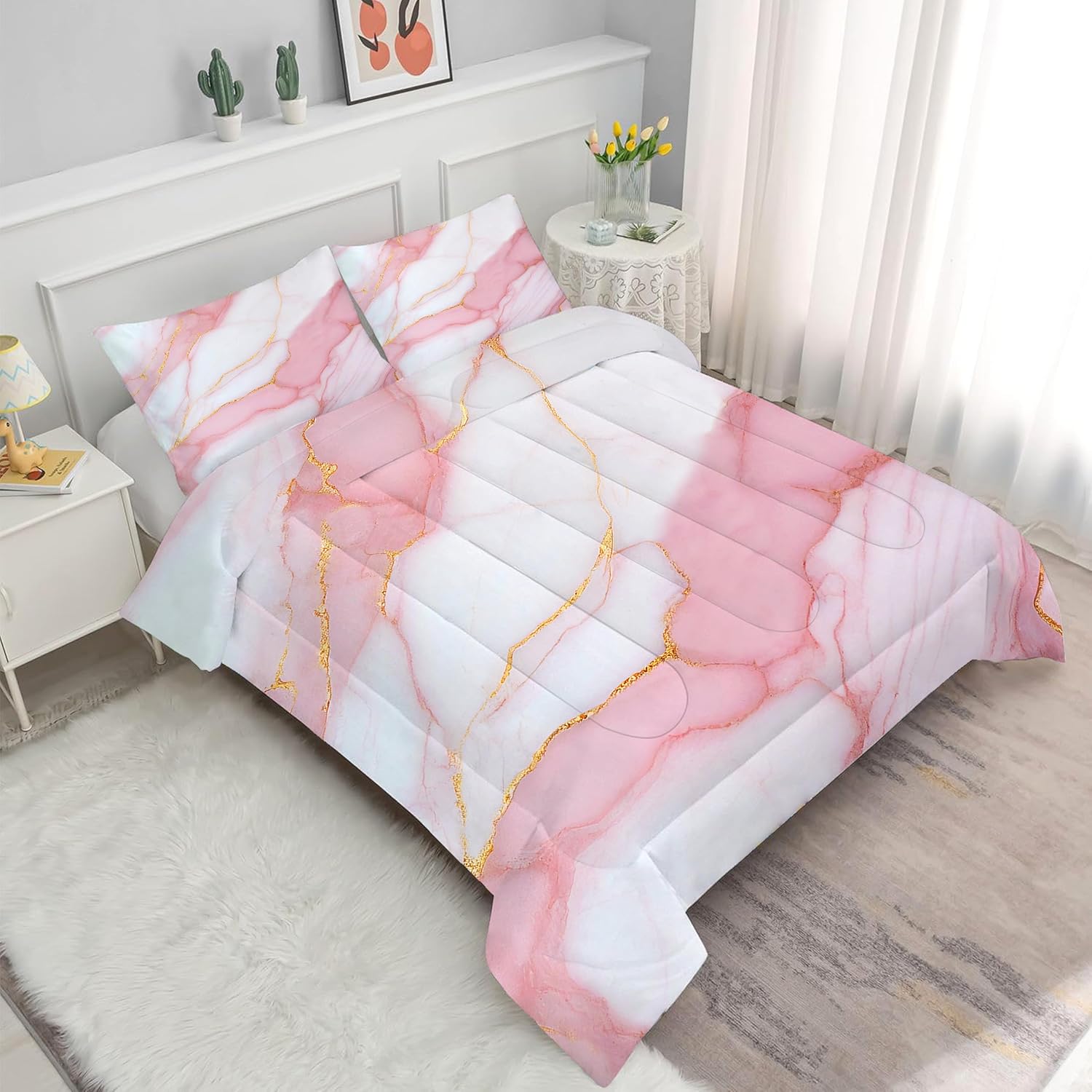 Marble Comforter Set King Size Pale Pink Chic Gold