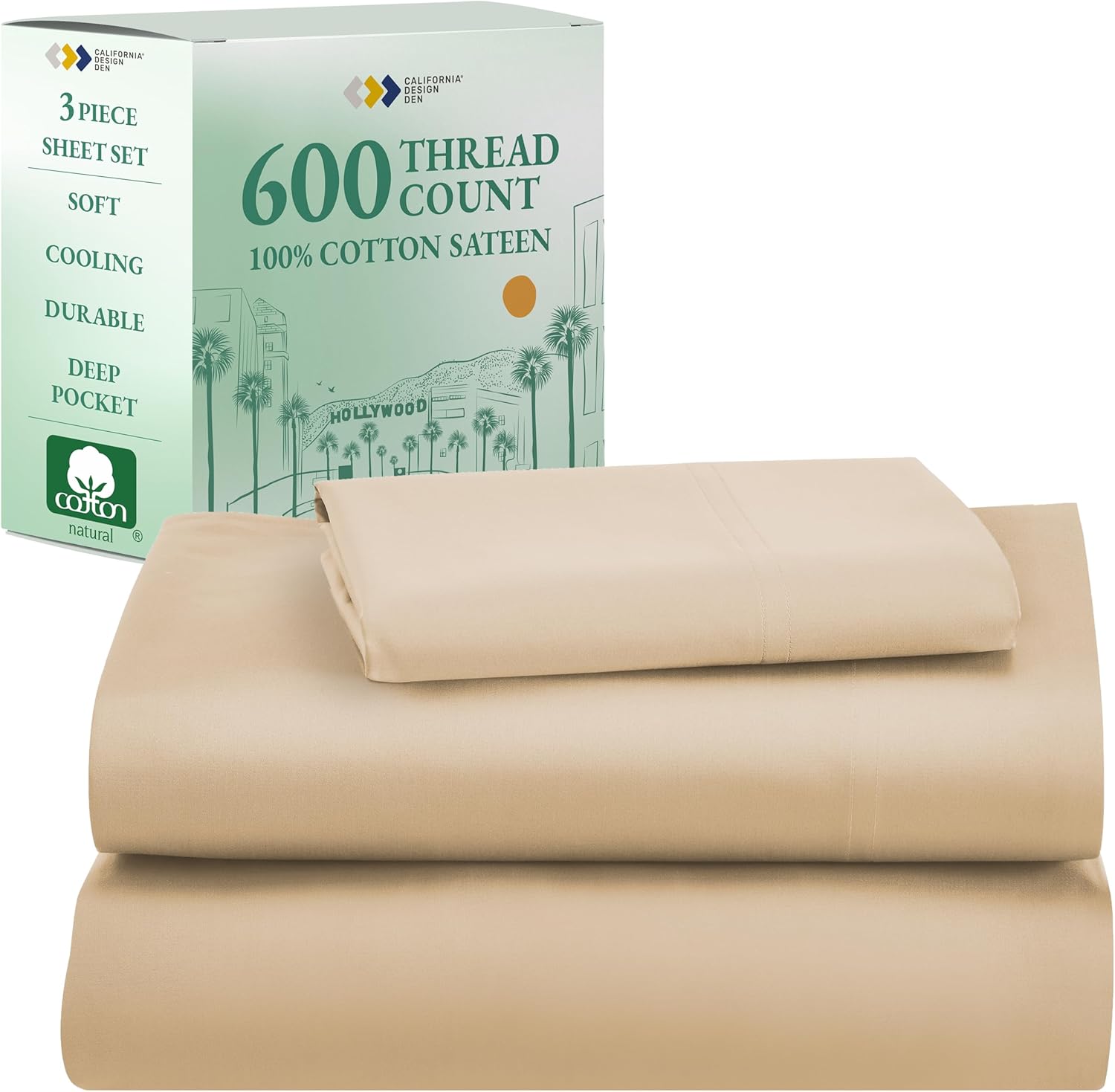 California Design Den Twin Bed Sheet Set 600 Thread Count Cotton Sateen