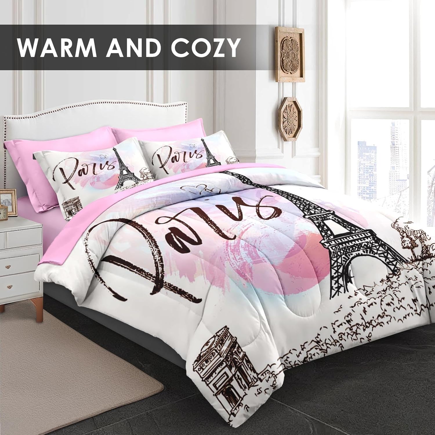 Pamnest Comforter Set King Size with Eiffel Tower Design