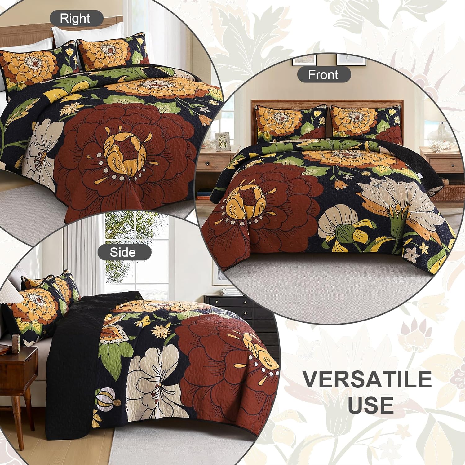DJY Floral Quilt Set - Boho Cal King 3 Piece Bedding