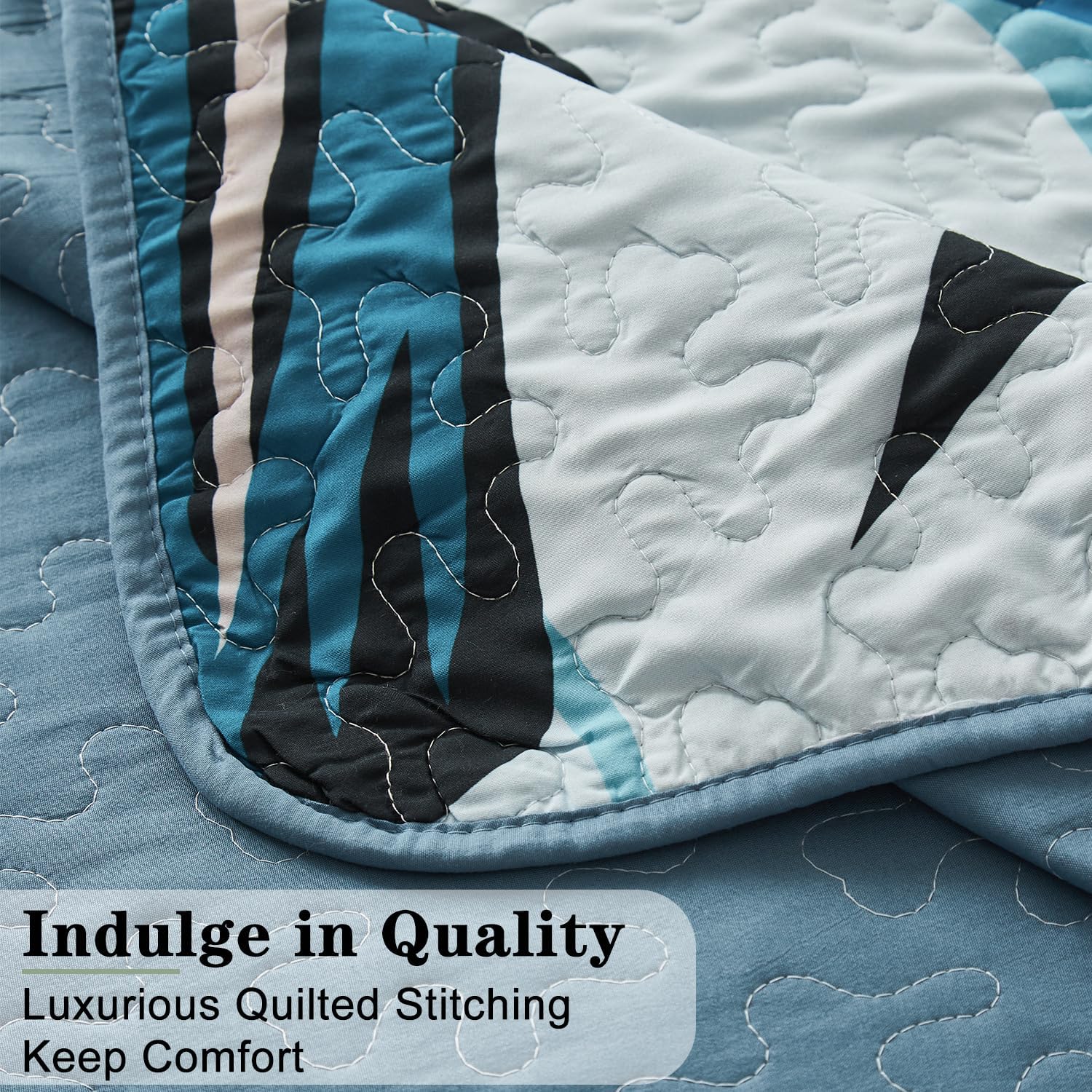 Yogeneg Light Blue Botanical Queen Quilt Set 3 Piece