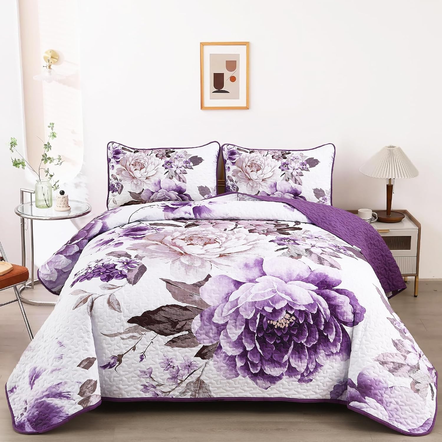 WONGS BEDDING Purple Floral Quilt Set 3 Piece Reversible