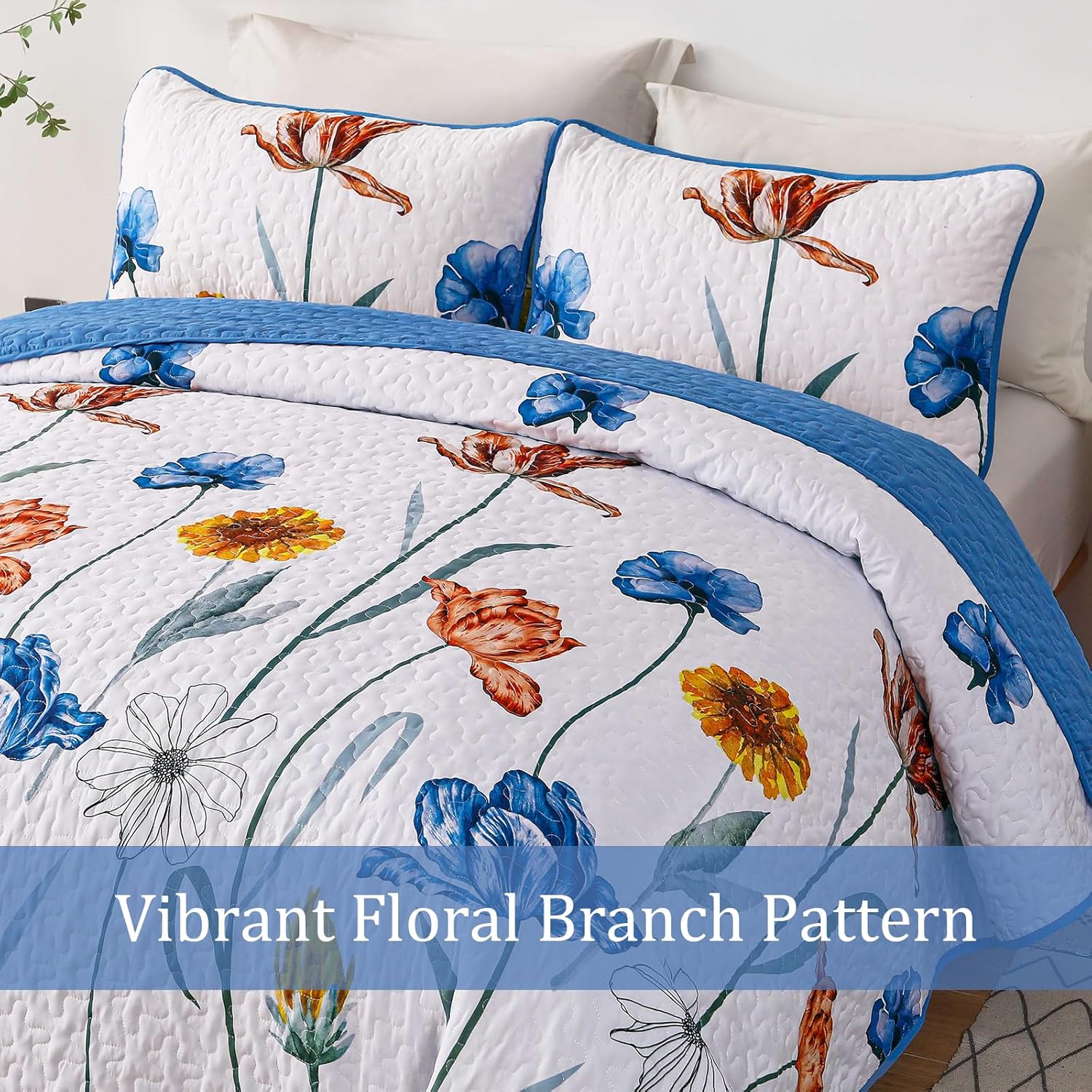 WONGS BEDDING Blue Floral Quilt Set Queen Size