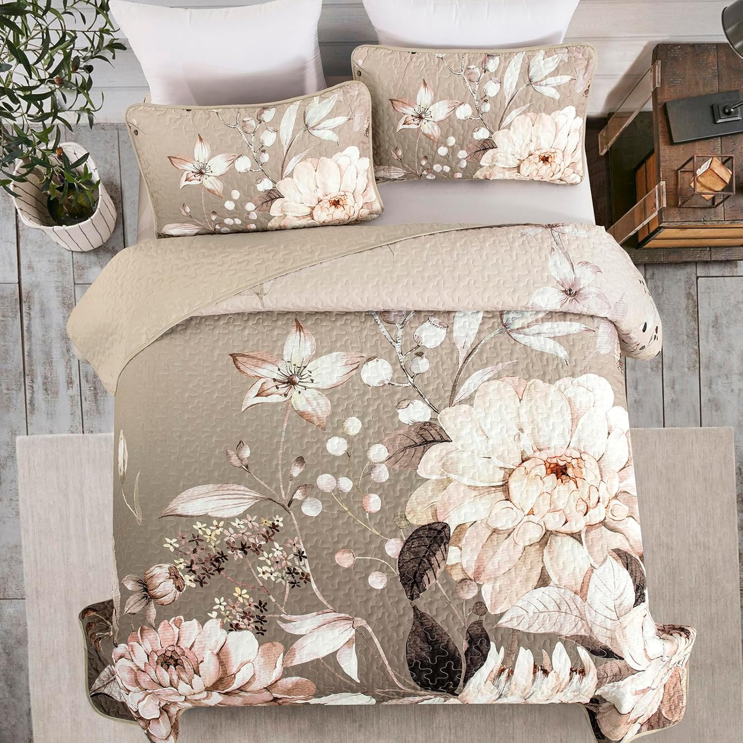 Drucon Floral Quilt Set Queen Size 3 Pieces