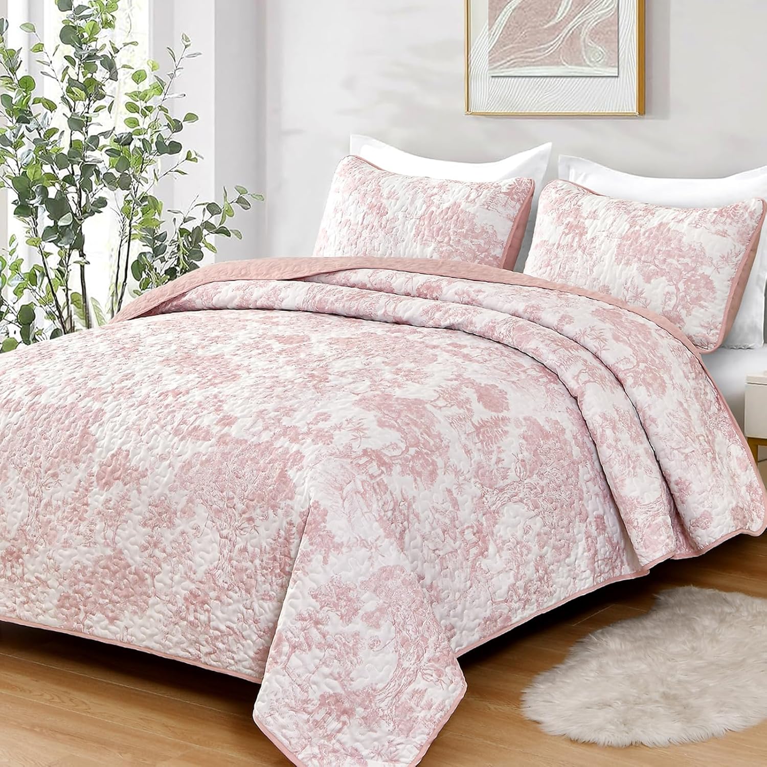 WONGS BEDDING Queen Size Quilt Set 3 Pieces Pink Floral
