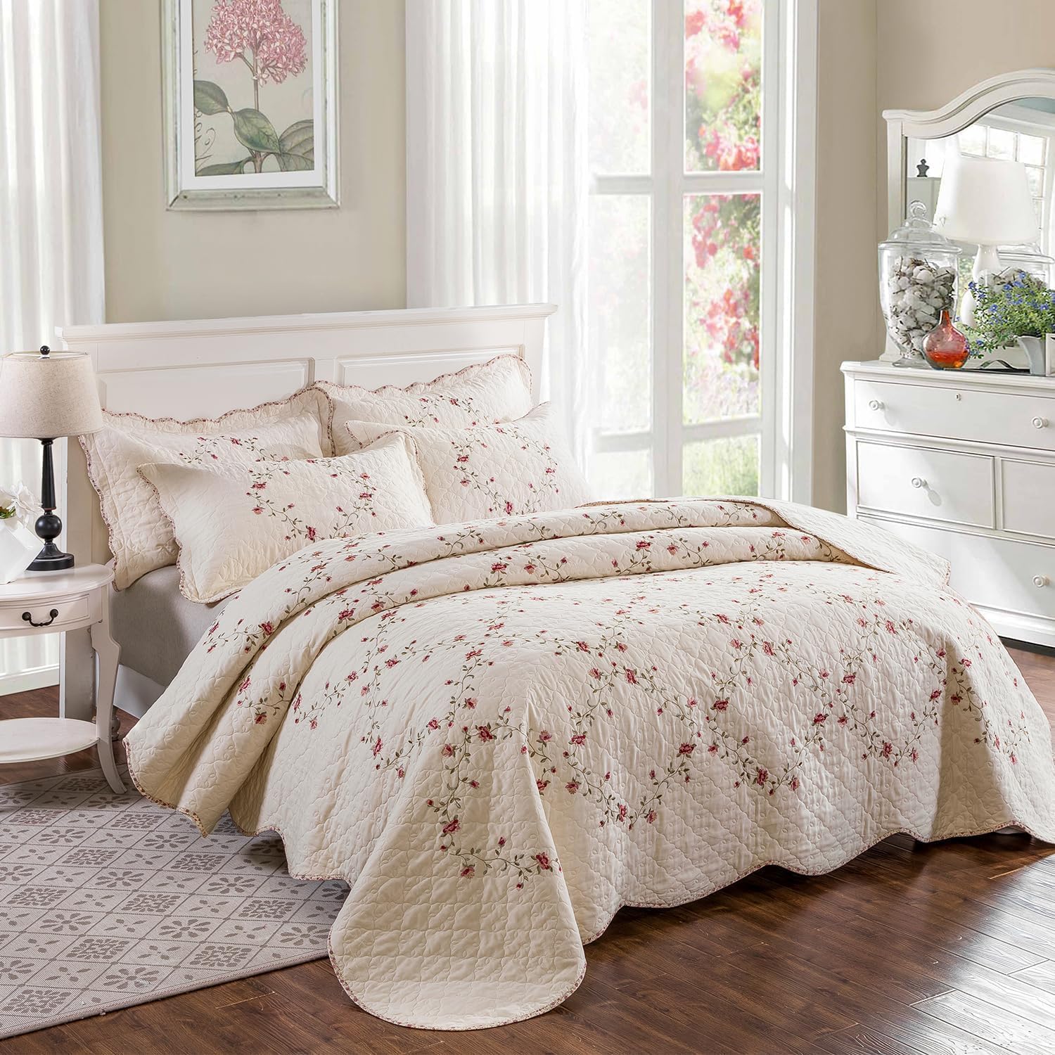 EAVD Floral Embroidered Quilt Set King Size Beige 3 Pieces