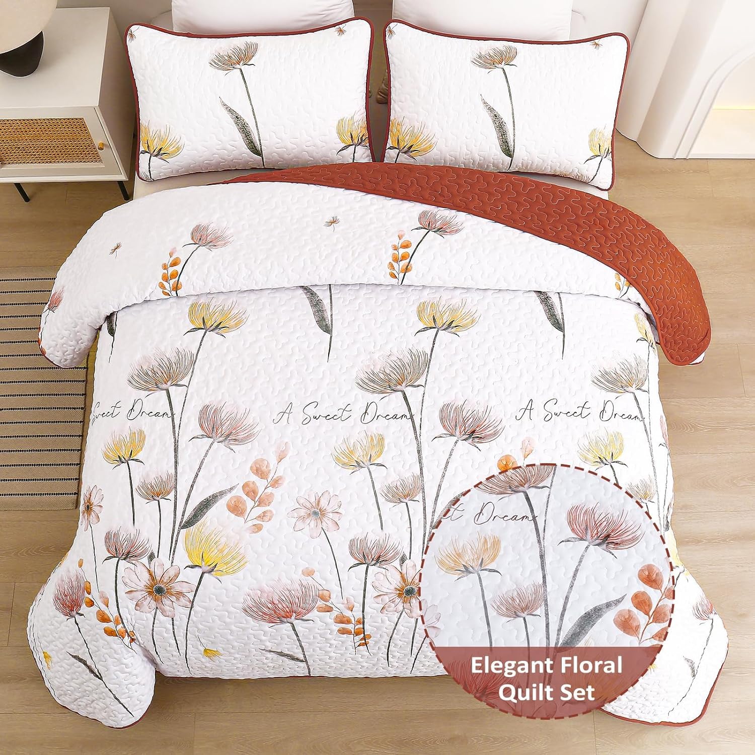Dinjoy Floral King Quilt Set 3 Pieces Burnt Orange Yellow