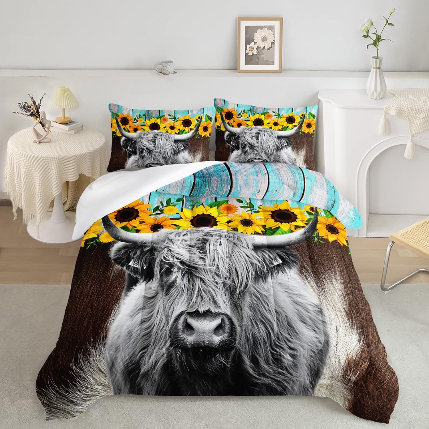 Axolotl Highland Cow Sunflowers Comforter Set Queen