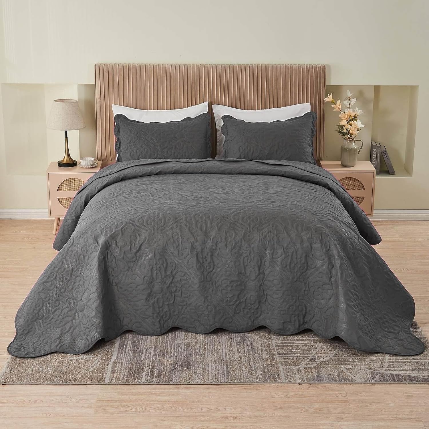 Kingnex Oversized King Bedspread Set Dark Grey 1