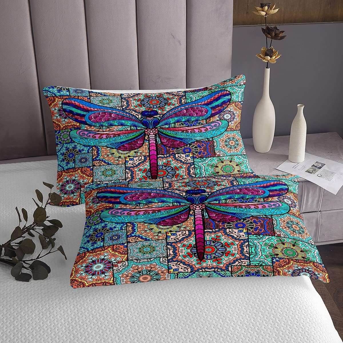 Erosebridal Dragonfly Bedspread Set Queen Size 90x90 with 2 Pillow Shams