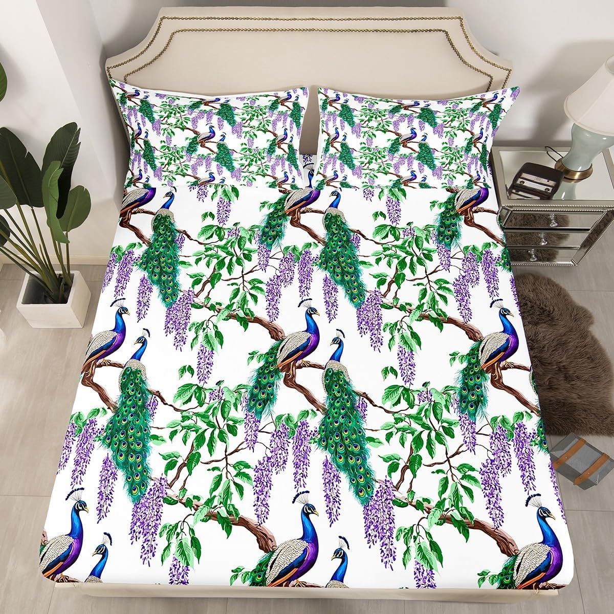 Jejeloiu Peacock King Size Bed Sheet Set
