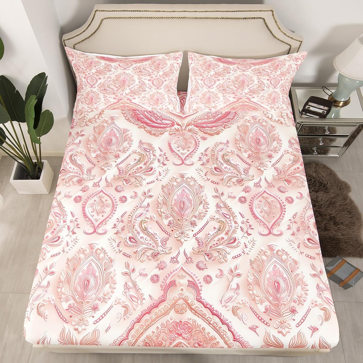 Castle Fairy 3D Pink Beige Fitted Sheet Twin Set 2 Pcs