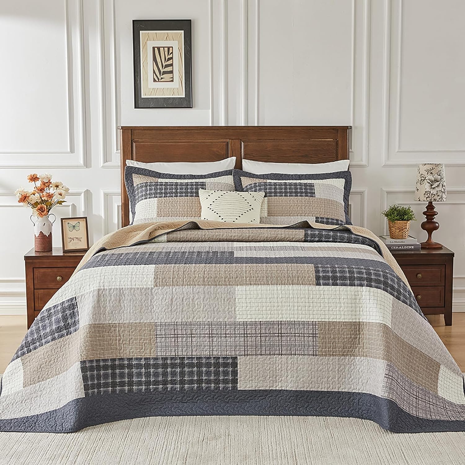 SahSahCasa 128x120 Plaid Cal King Bedspread Set