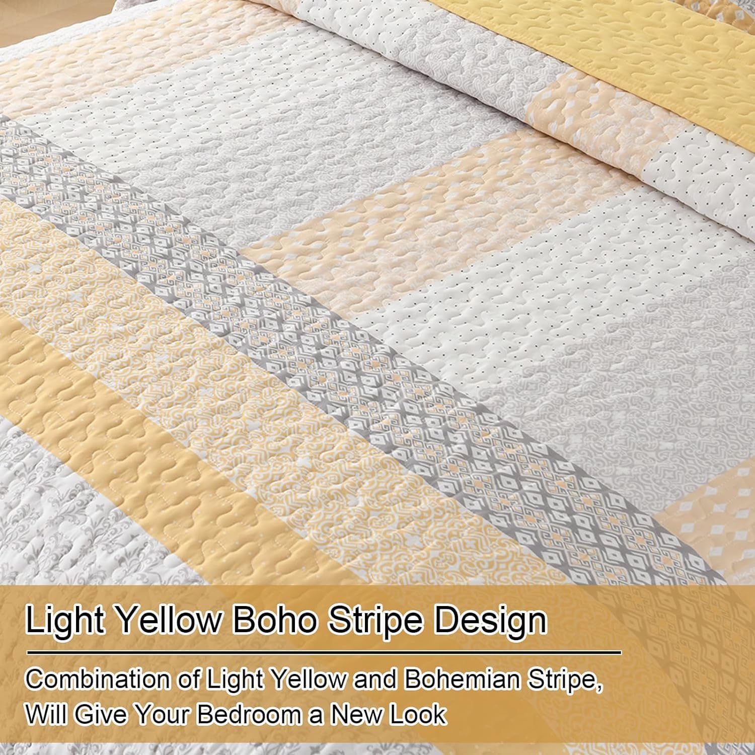 WONGS BEDDING Boho Yellow Stripe Quilt Set Twin Size 2 Piece