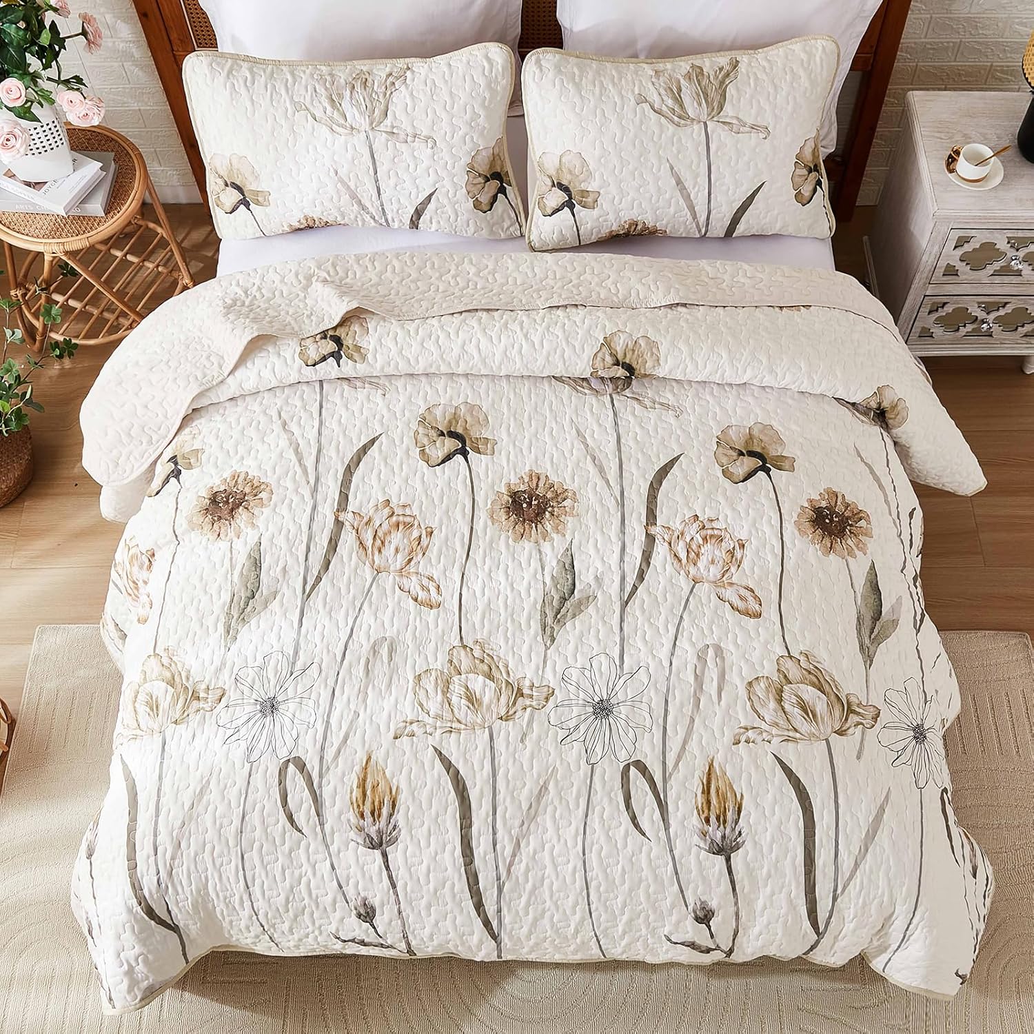 WONGS BEDDING Floral King Quilt Set 3 Piece