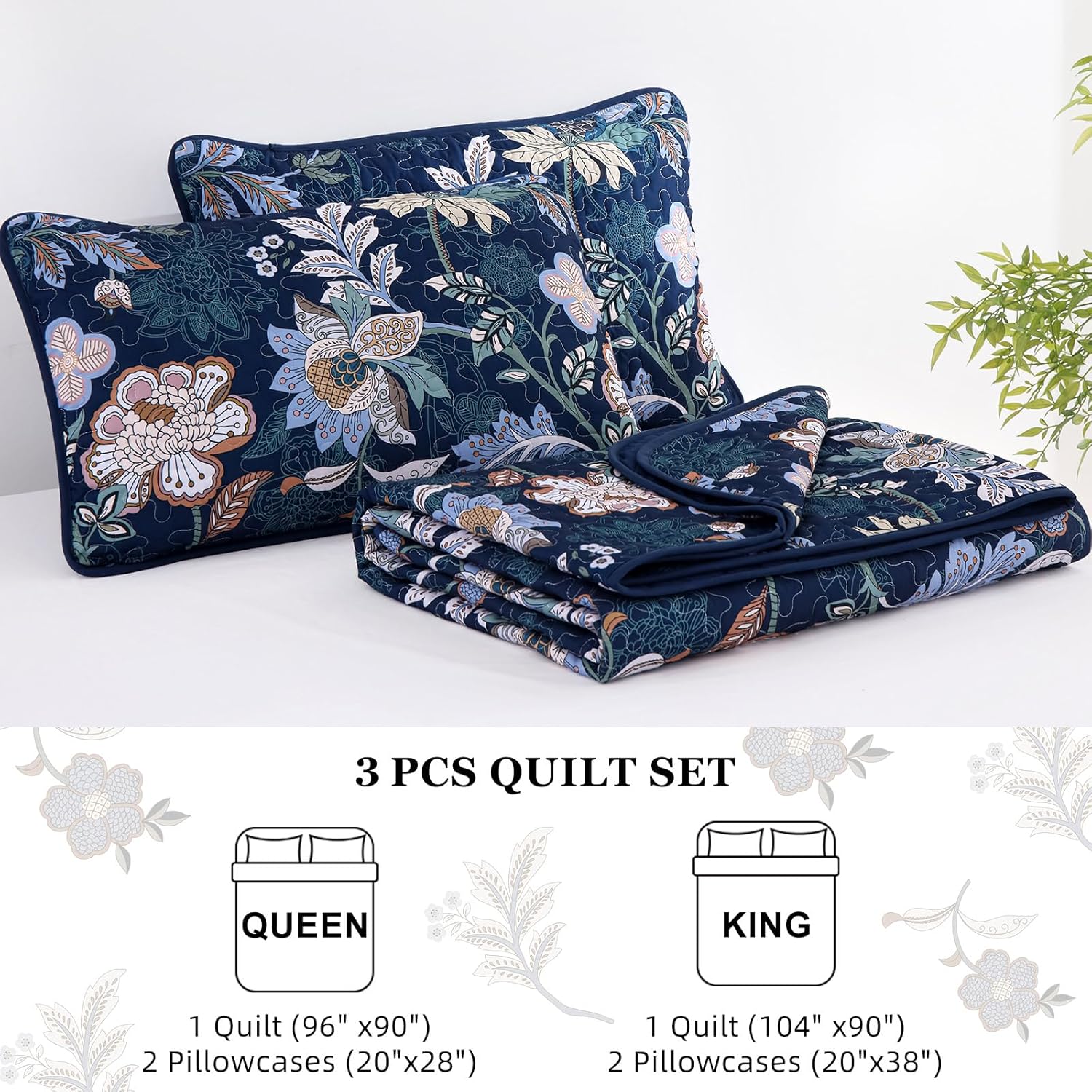 WONGS BEDDING Floral Quilt Set King Size 3 Piece 1
