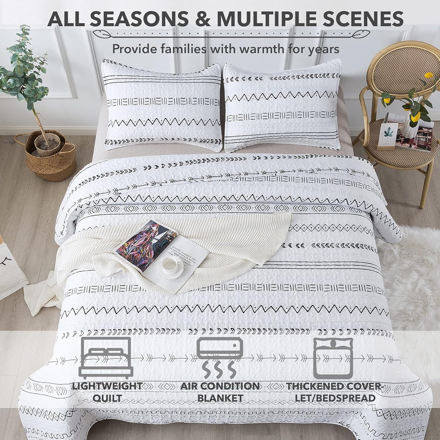 Andency White Boho Quilt Set California King 3Pcs