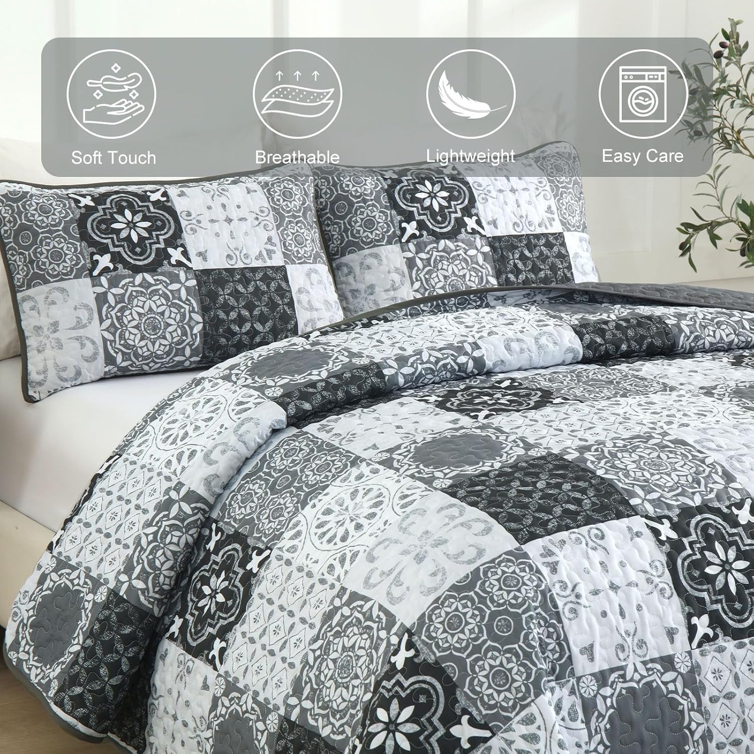 Dobuyly Boho Patchwork Cal King Quilt Set Grey Black 3-Piece Microfiber
