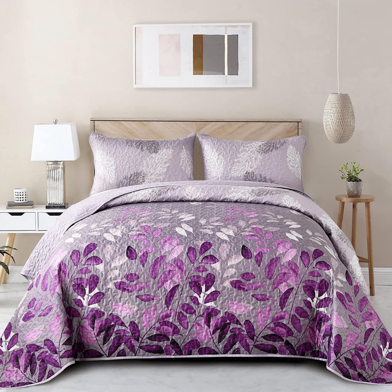 WONGS BEDDING Purple Floral Quilt Set King Size 3 Piece