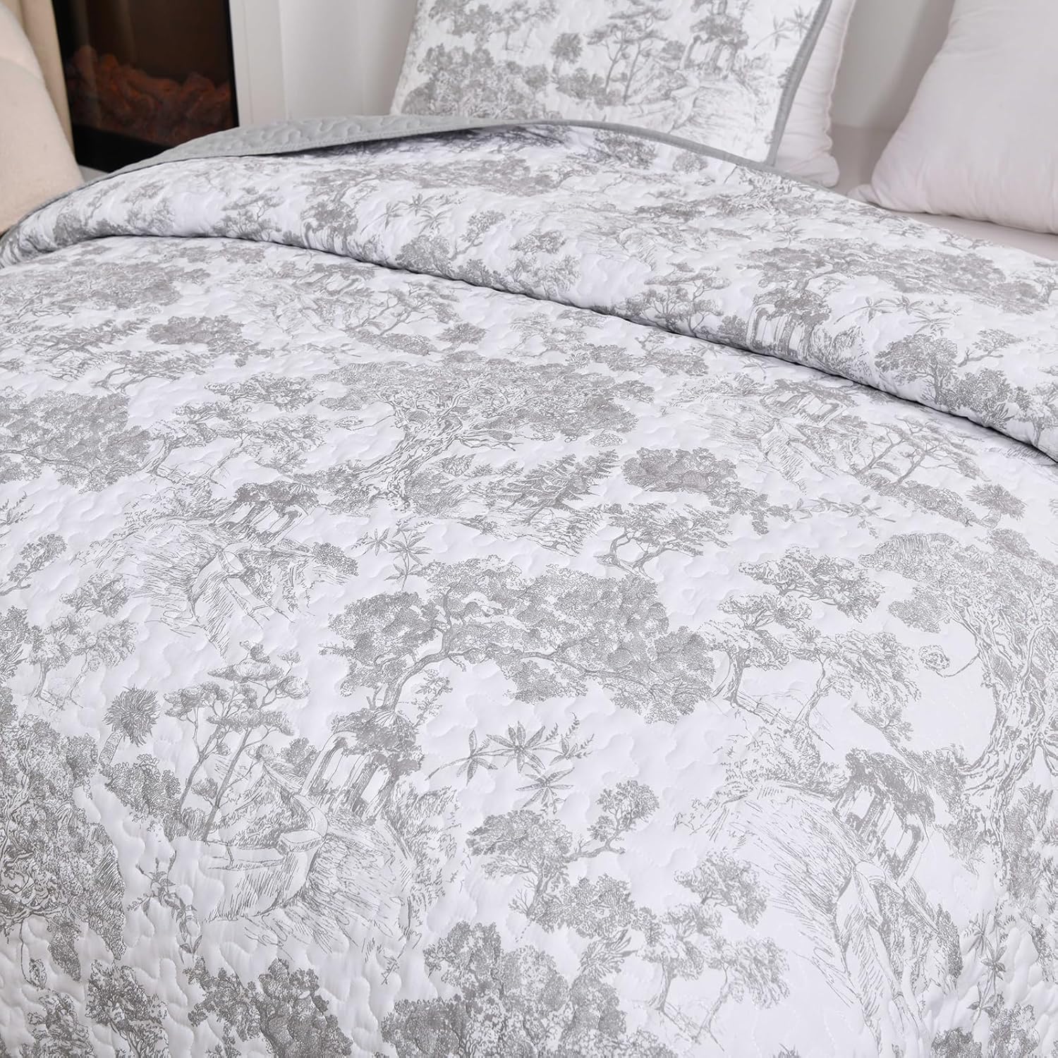 WONGS BEDDING Grey Quilt Set Queen 3 Piece Reversible