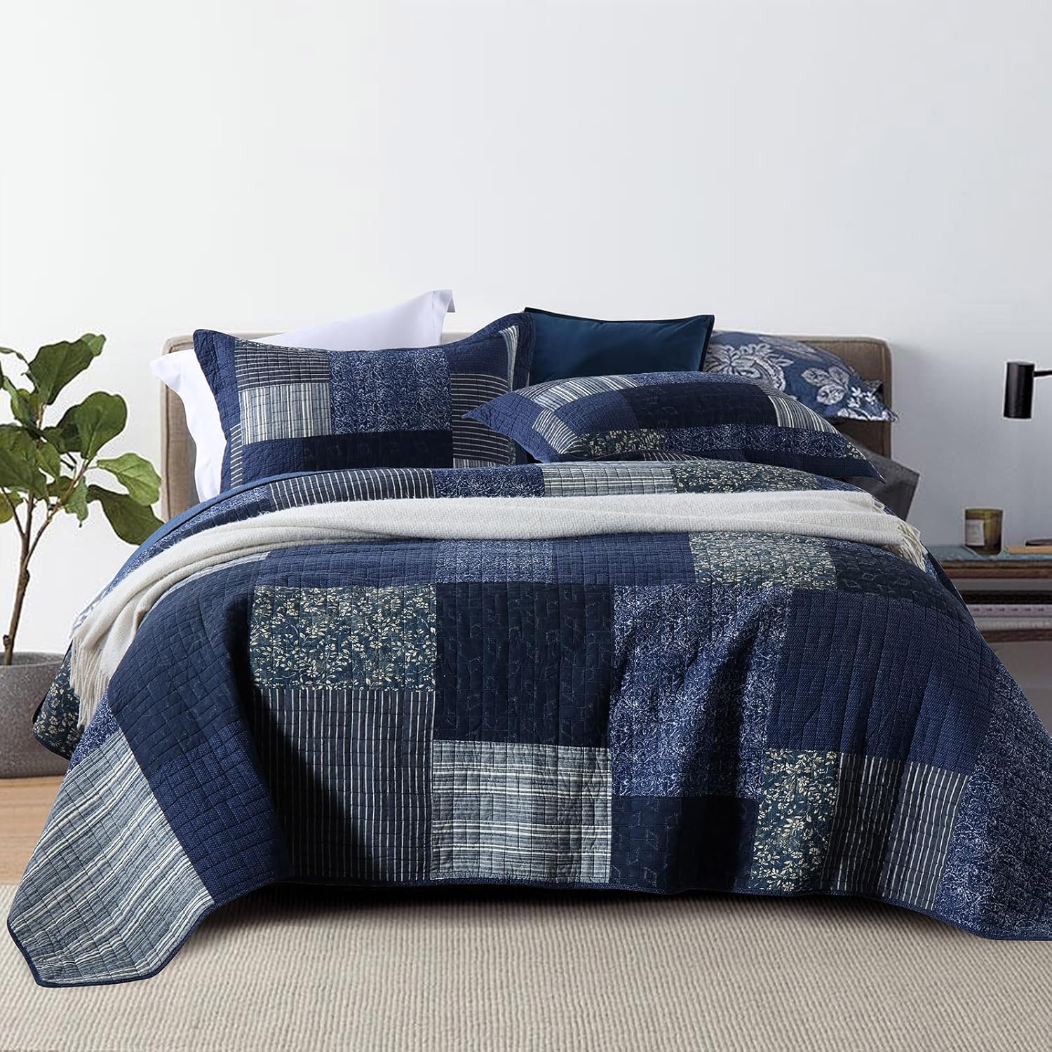 mixinni Navy Blue Quilt Set Queen Size 3-Piece