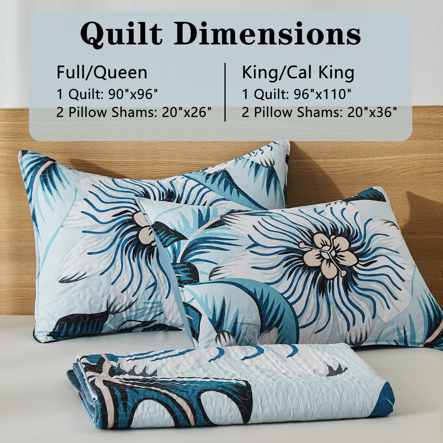 Yogeneg Light Blue Botanical Queen Quilt Set 3 Piece