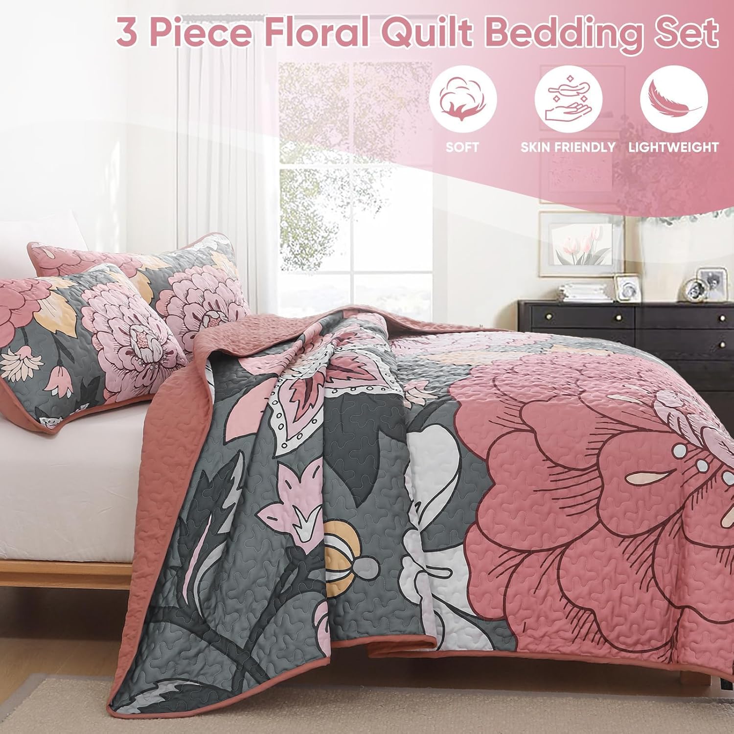 DJY Floral Quilt Set King Size Grey and Pink 1