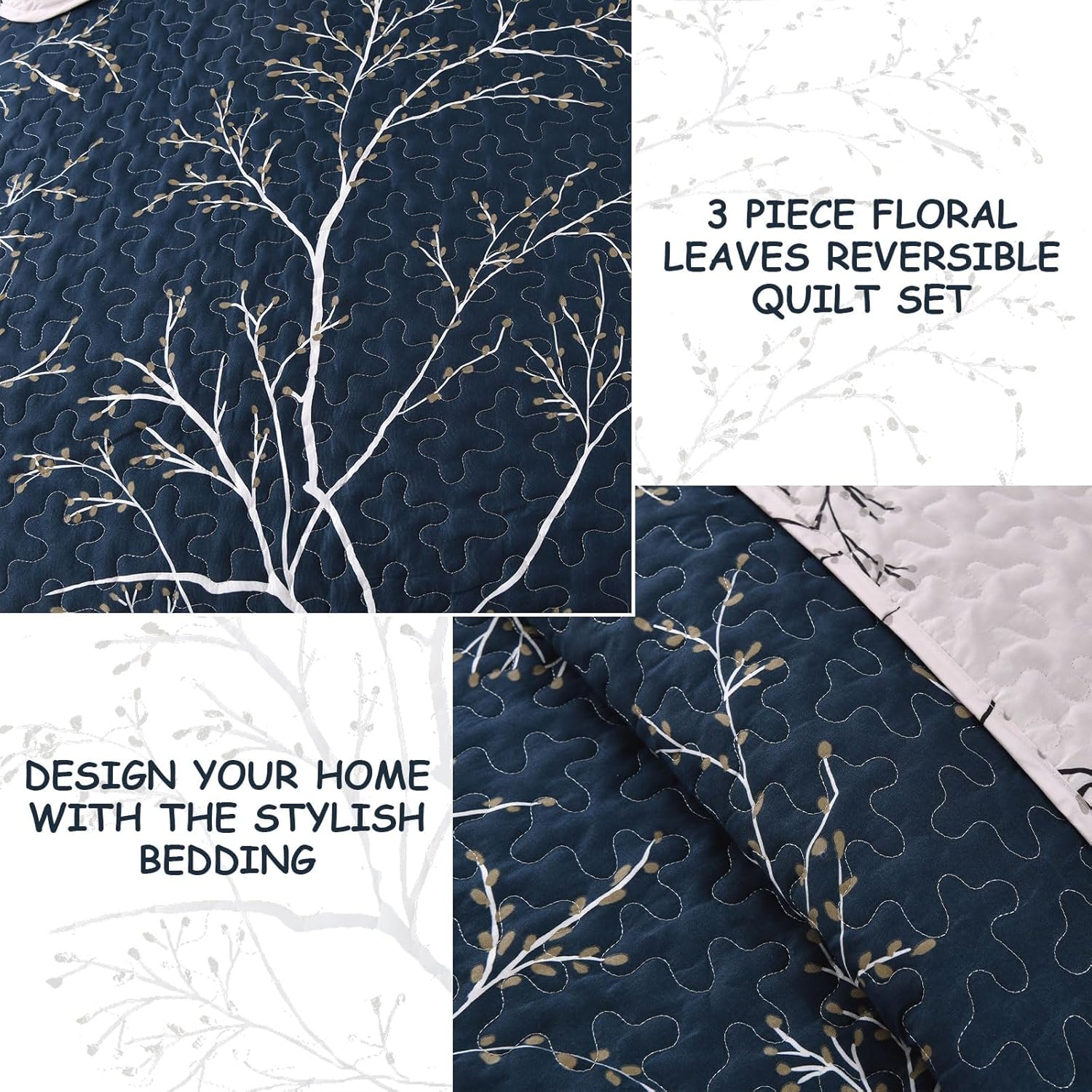DJY 3 Piece Navy Floral Reversible Quilt Set