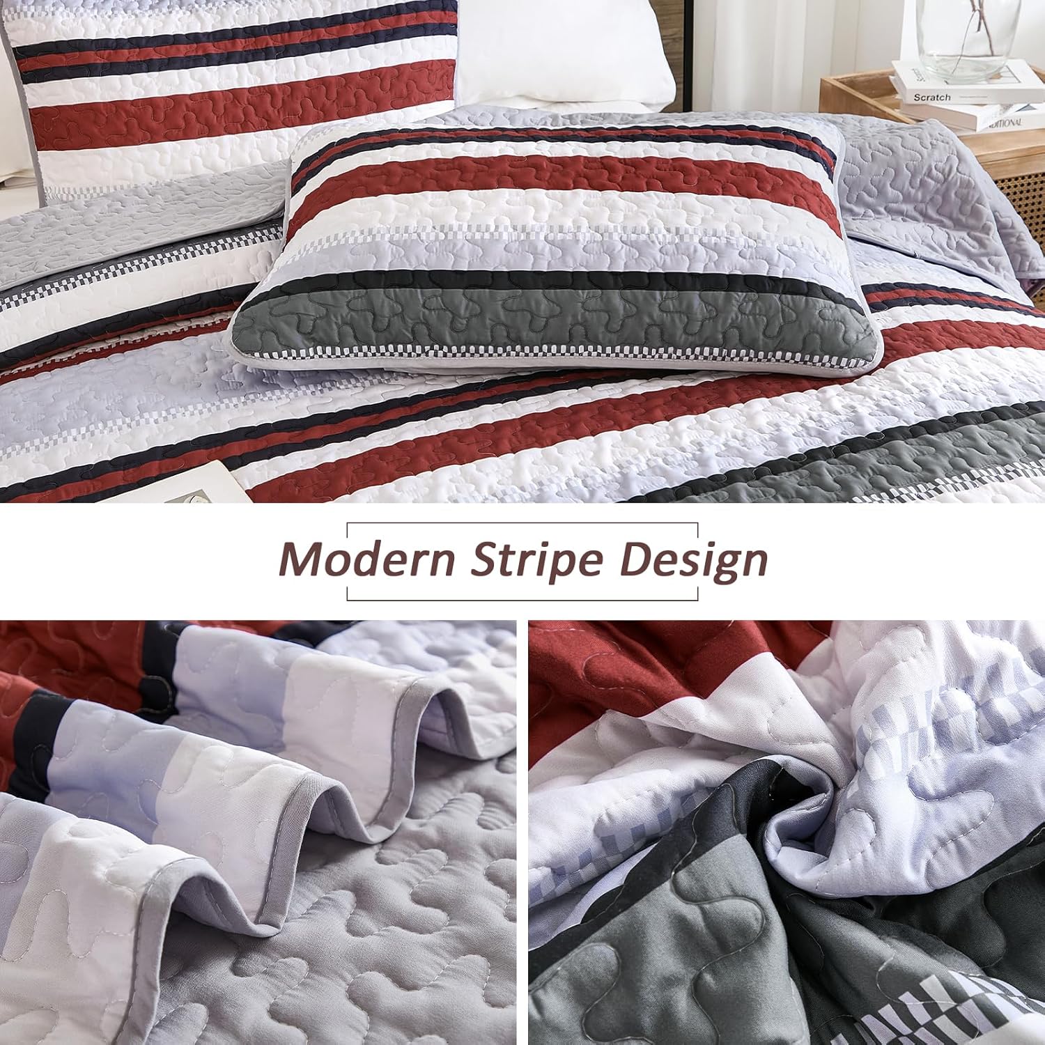 WONGS BEDDING Queen Size Red Striped Quilt Set