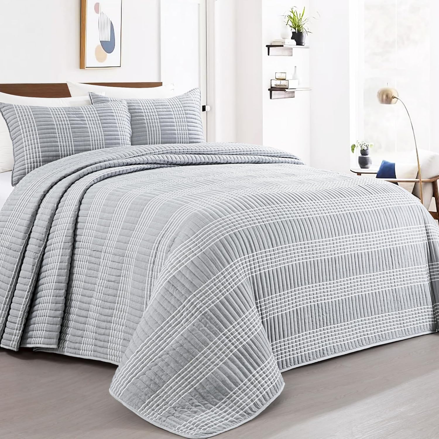 HOMBYS 132x120 Seersucker Patchwork Quilt Set Grey