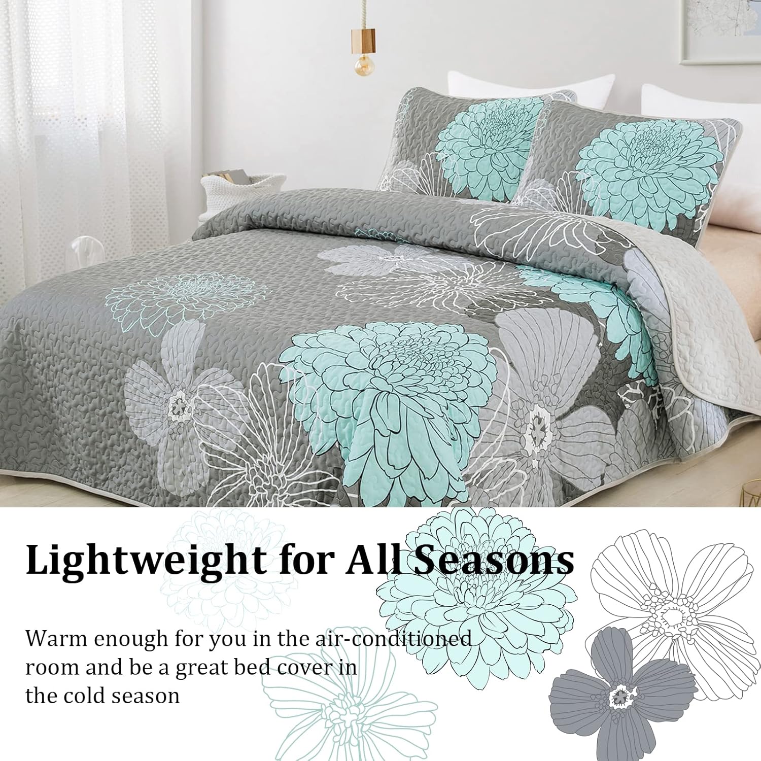 Anibedding Green Floral Queen Quilt Set - 3 Piece Boho Bedding