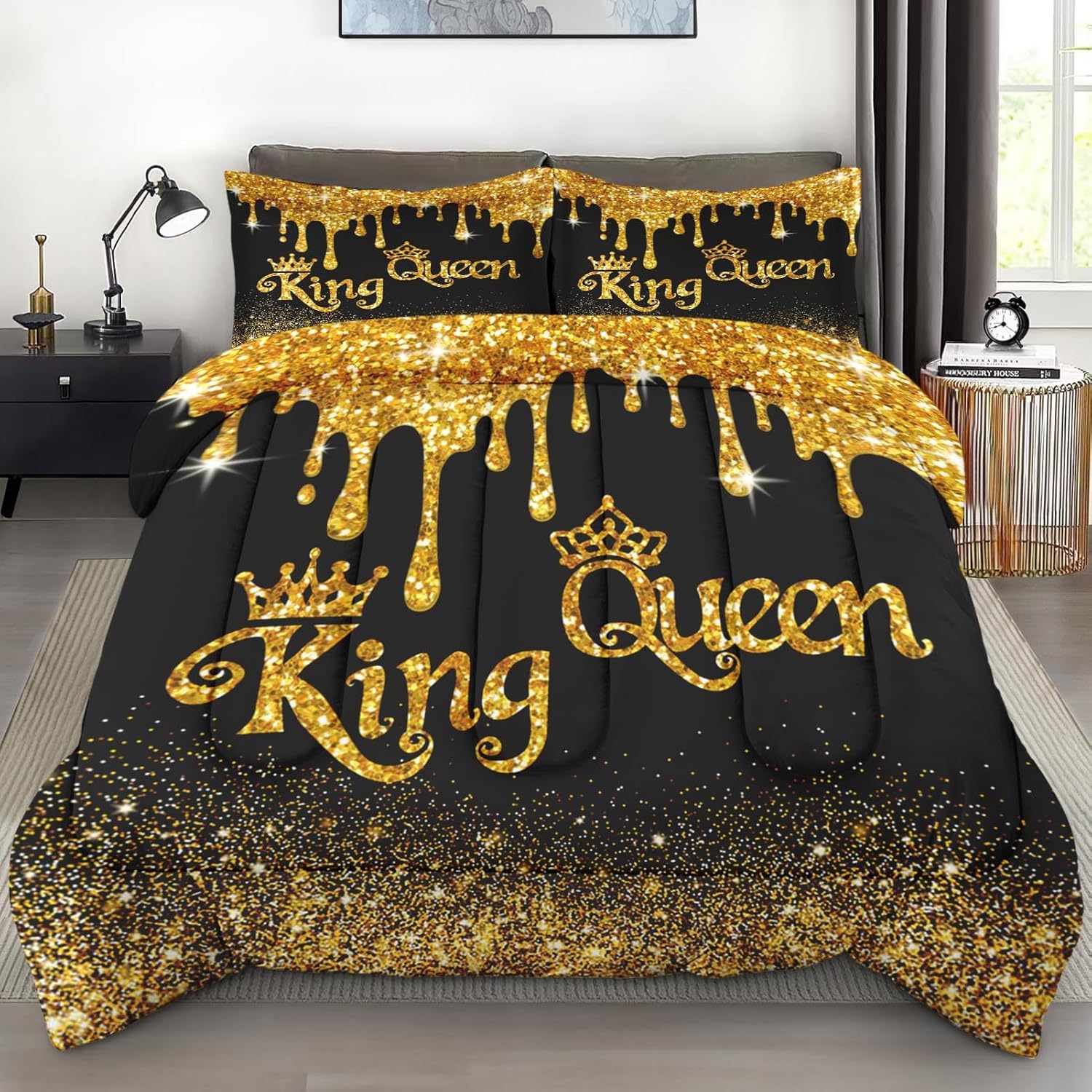 Pamnest Comforter Set King Size 3 Pcs Black Gold