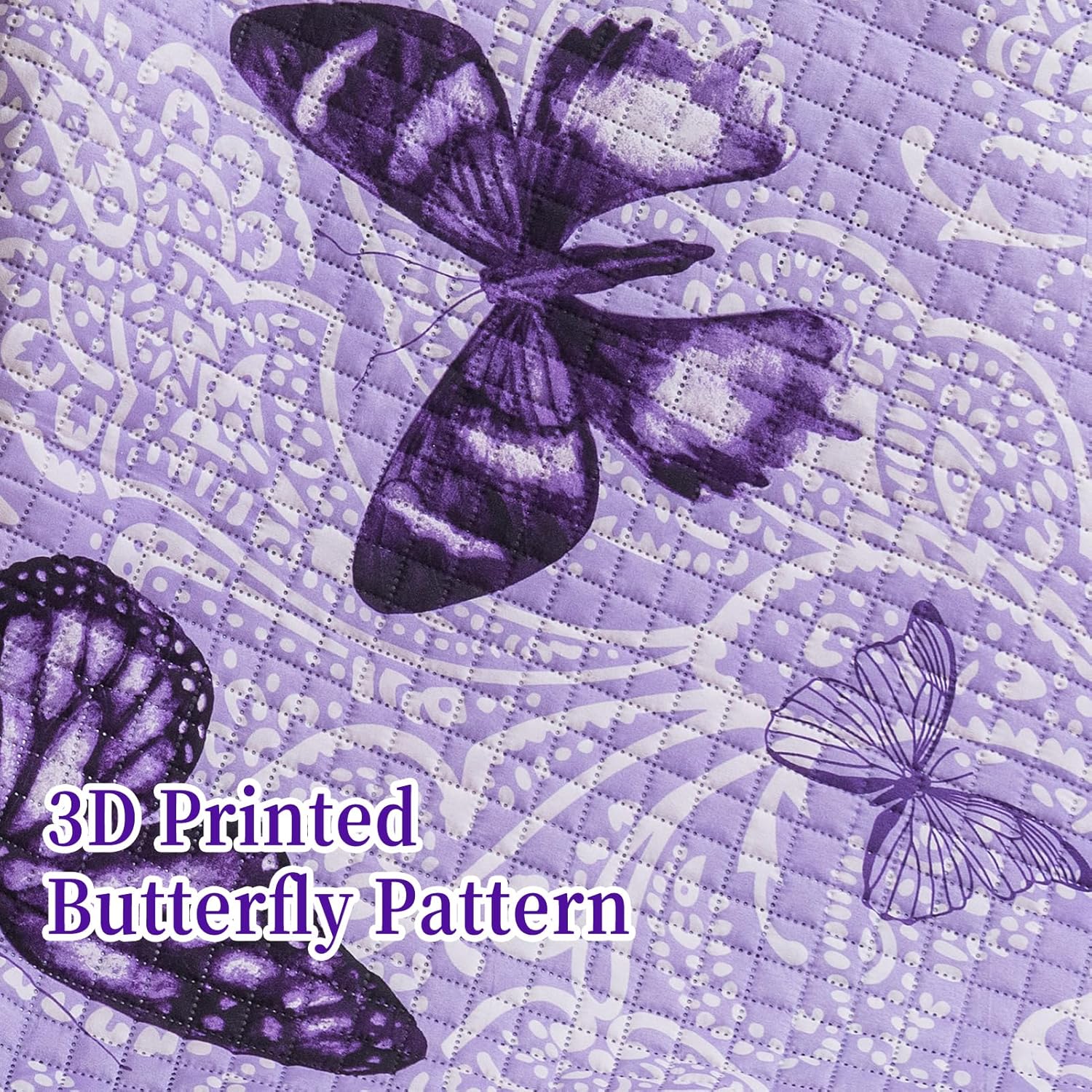 ARTALL Quilt Set 3-Piece Full Queen Size Paisley Butterfly Purple