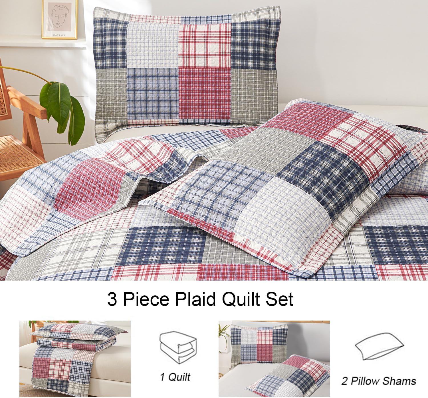 Ycosy King Size Plaid Quilt Set with 2 Pillow Shams 1