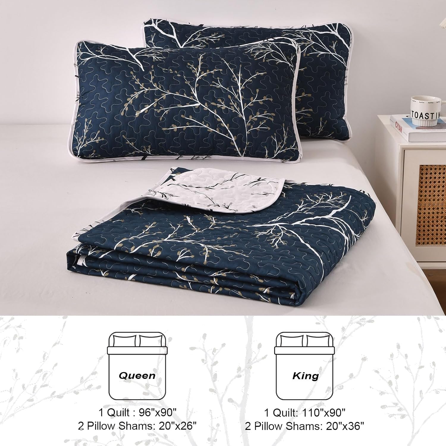 DJY 3 Piece Navy Floral Reversible Quilt Set