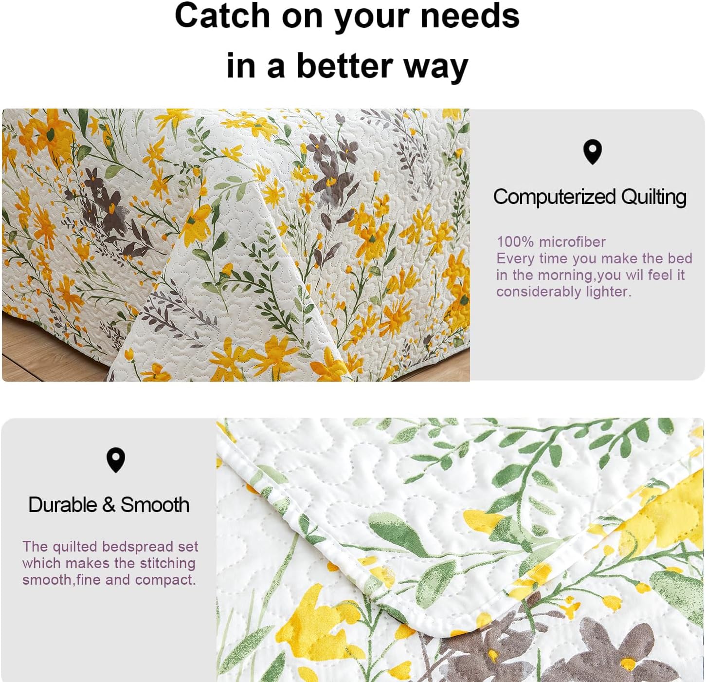 Ycosy King Size Floral Quilt Set Reversible