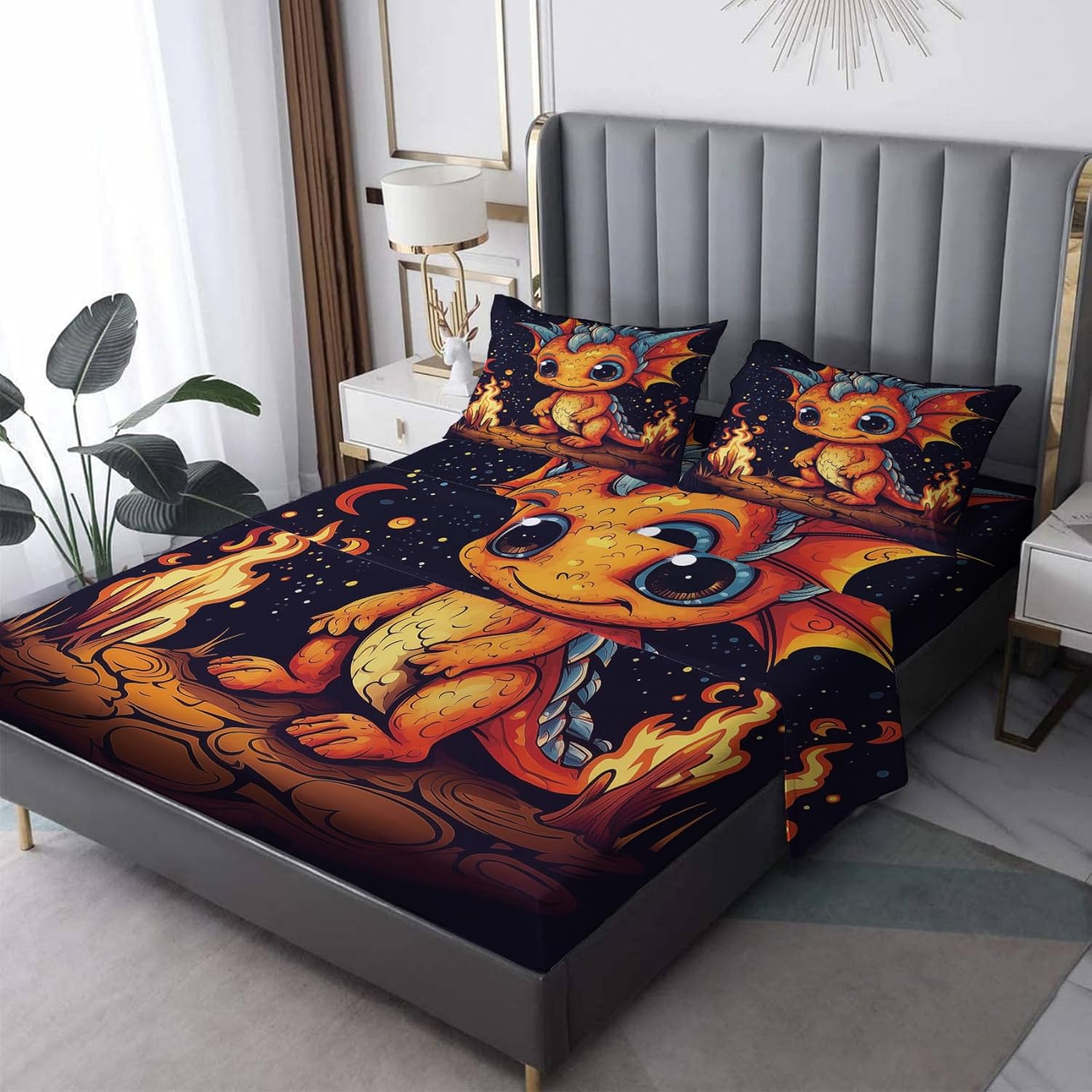 Zhrylliq Cartoon Dragon Bed Sheet Set Twin XL