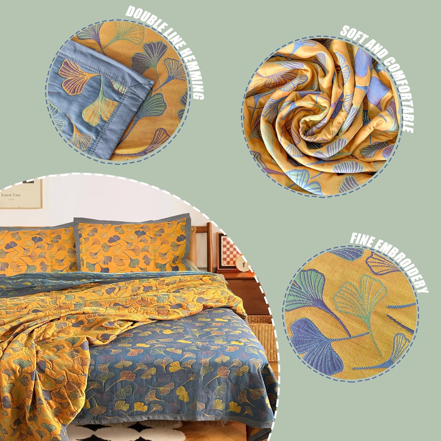 Bifqioy 3 Piece Ginkgo Quilt Set Queen Size