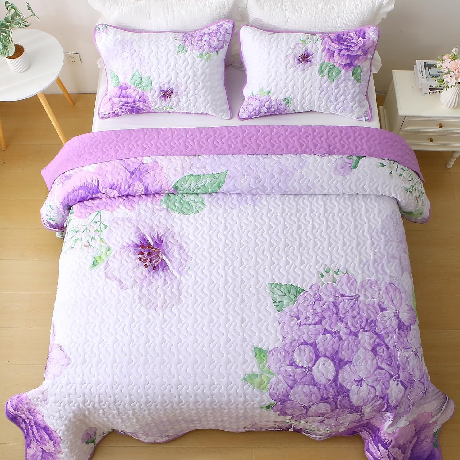 Heymybed Purple Floral Quilt Set King Size 3 Pieces