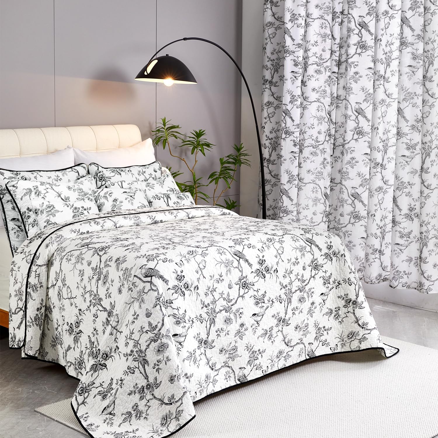 Evenhug 100 Cotton Reversible Quilt Set Queen Size Black Bird Pattern