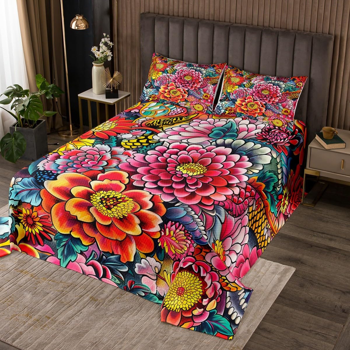 Erosebridal Boho Floral Quilted Bedspread Set