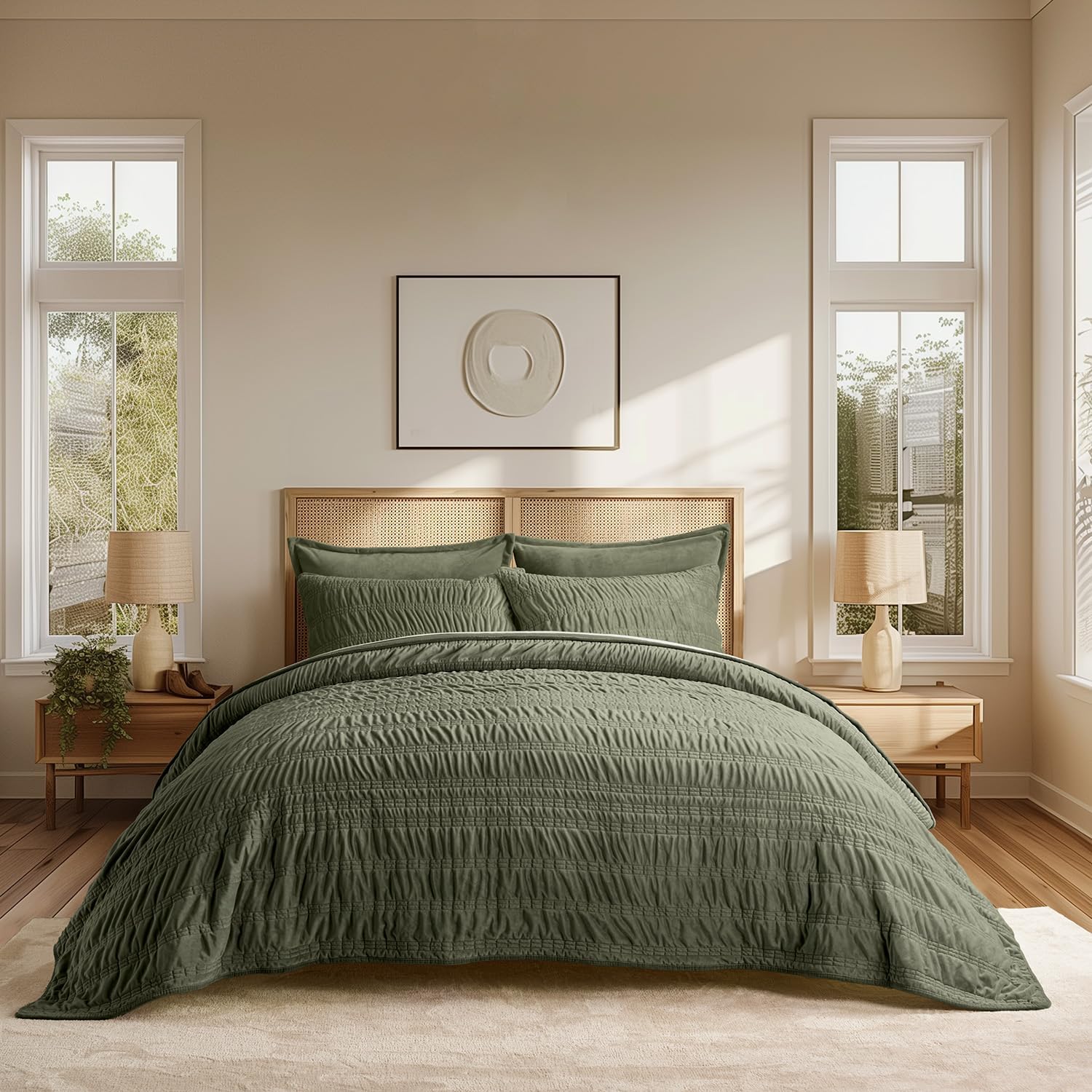 EVERGRACE Velvet Quilt Set Olive Green