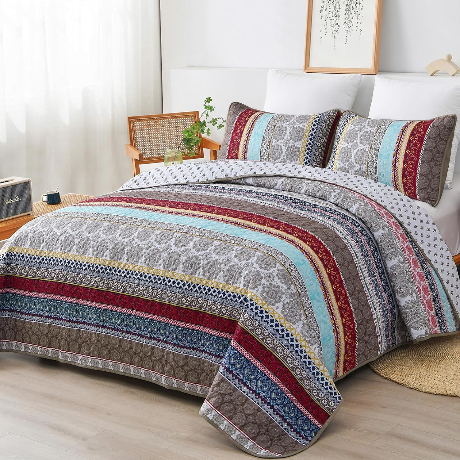 WONGS BEDDING Boho Queen Quilt Set 3 Piece