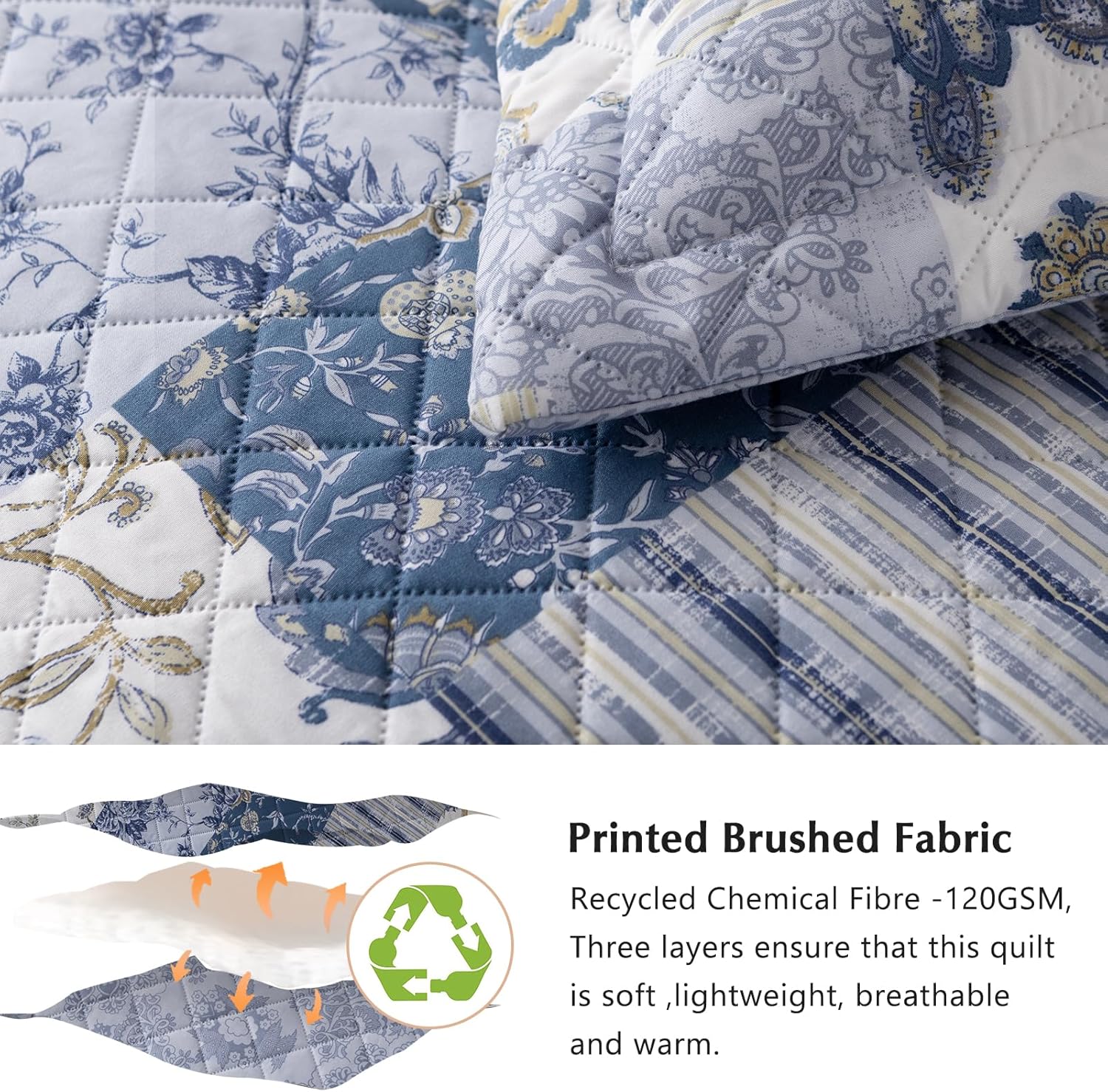GOONE Blue Floral Quilt Set King Size Reversible Fade Resistant