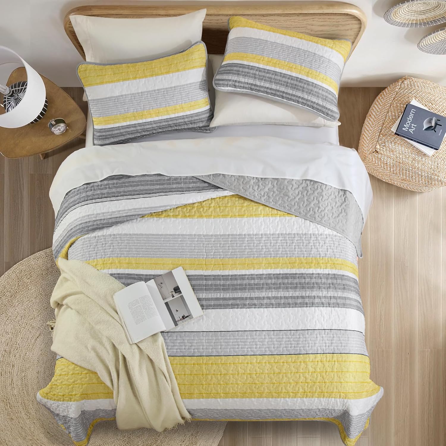 Djoymock Quilt Set Queen Size 3 Piece Fall Striped Bedding Set