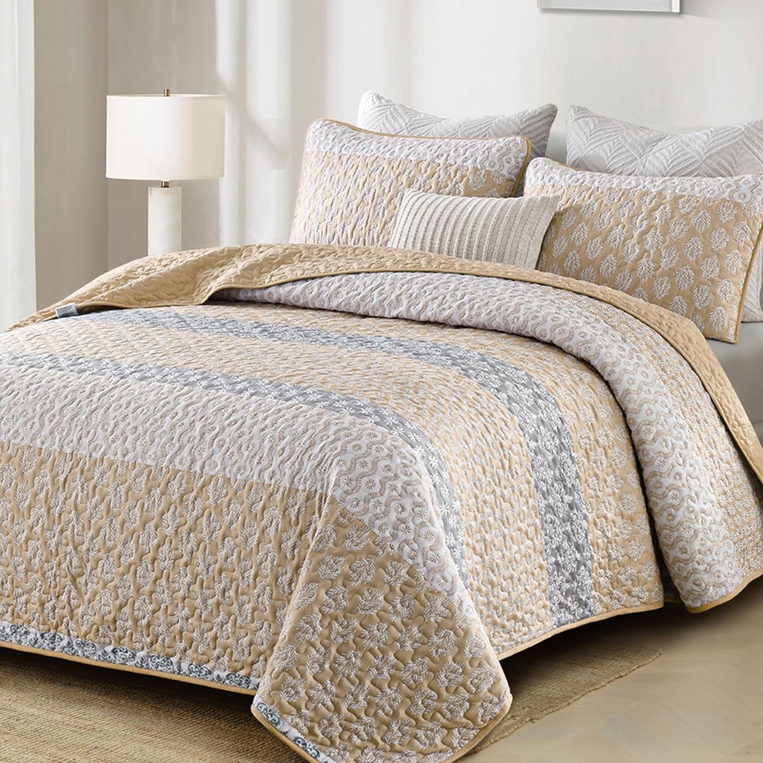 Boho Quilt Set King Size Beige Striped Coverlet 3 Pieces