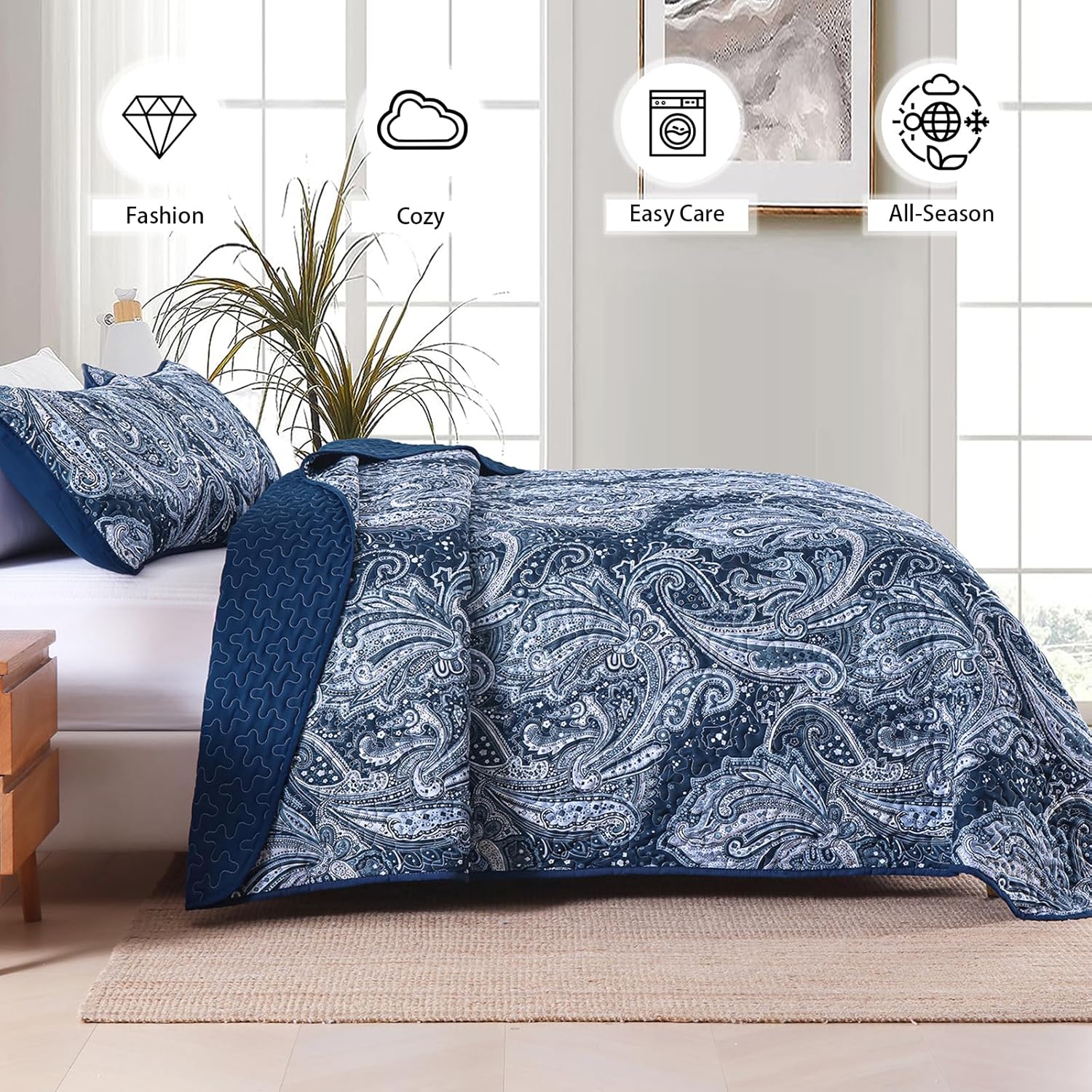 DJY Navy Paisley Queen Quilt Set 3 pcs